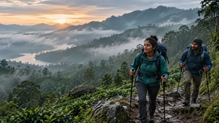Two travellers hiking through Sri Lanka’s misty central highlands with trekking poles