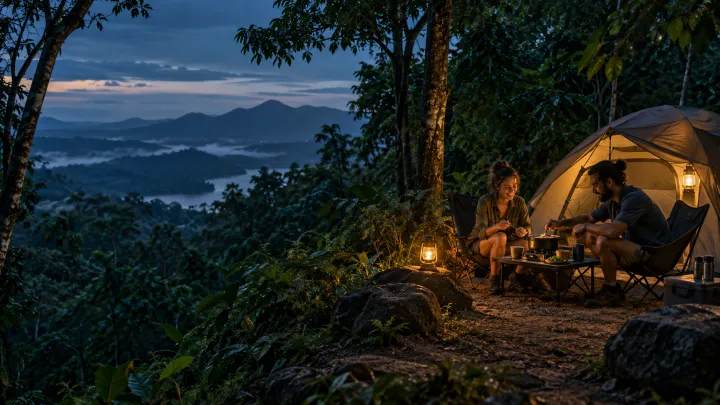 A warmly lit forest campsite with tent, chairs and cooking equipment at blue hour