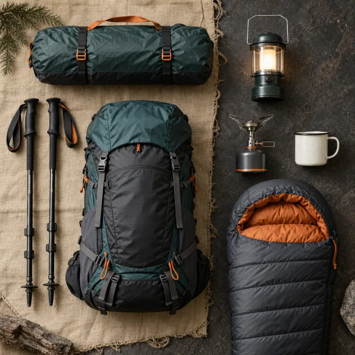 Camping rental equipment arranged on natural canvas and dark stone