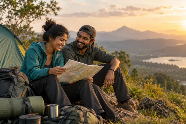 A Sri Lankan travelling couple planning their route with a map in the highlands