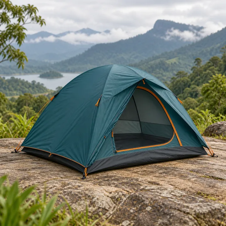 A teal two-person trekking tent pitched in Sri Lanka’s misty highlands