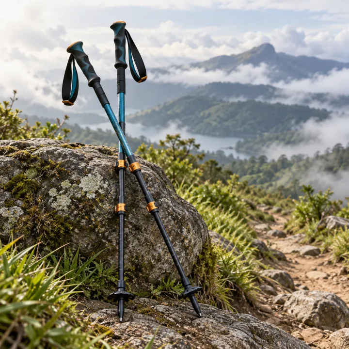 A pair of adjustable trekking poles on a Sri Lankan highland trail