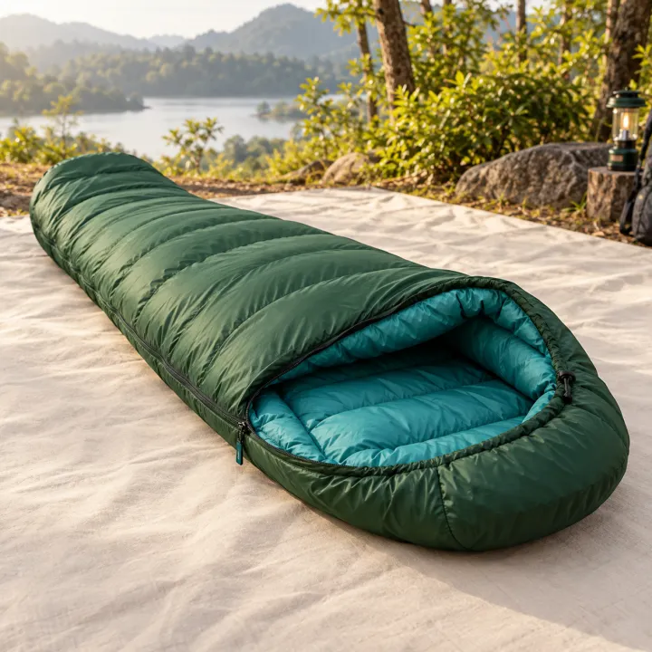 A forest green insulated sleeping bag prepared at a highland campsite